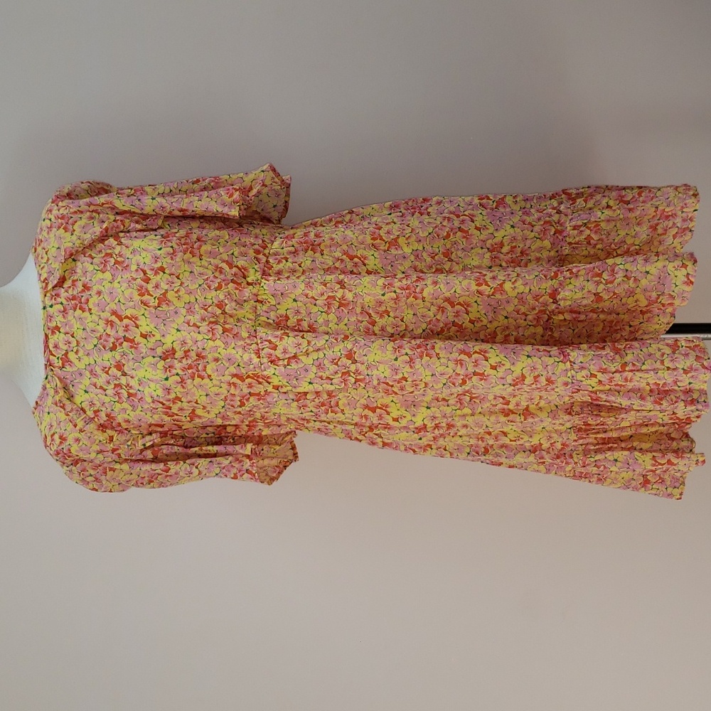 Banjanan Yellow and Pink Floral Ruffle Short Sleeve Mini Dress, Size Large